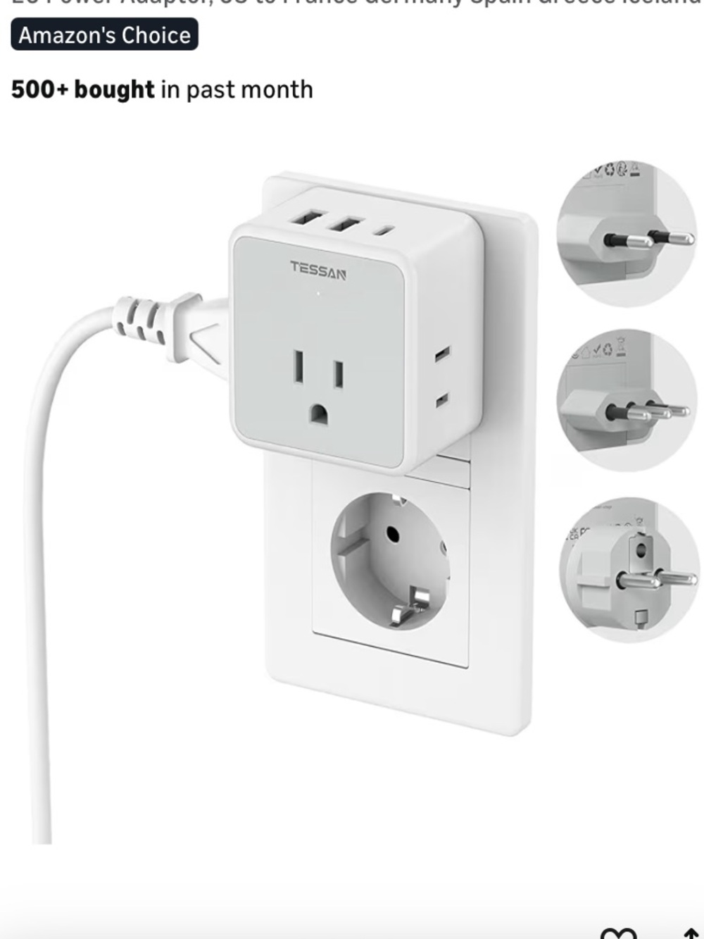 Type C/E/F/L Travel Plug Adapter with 3 USB Ports